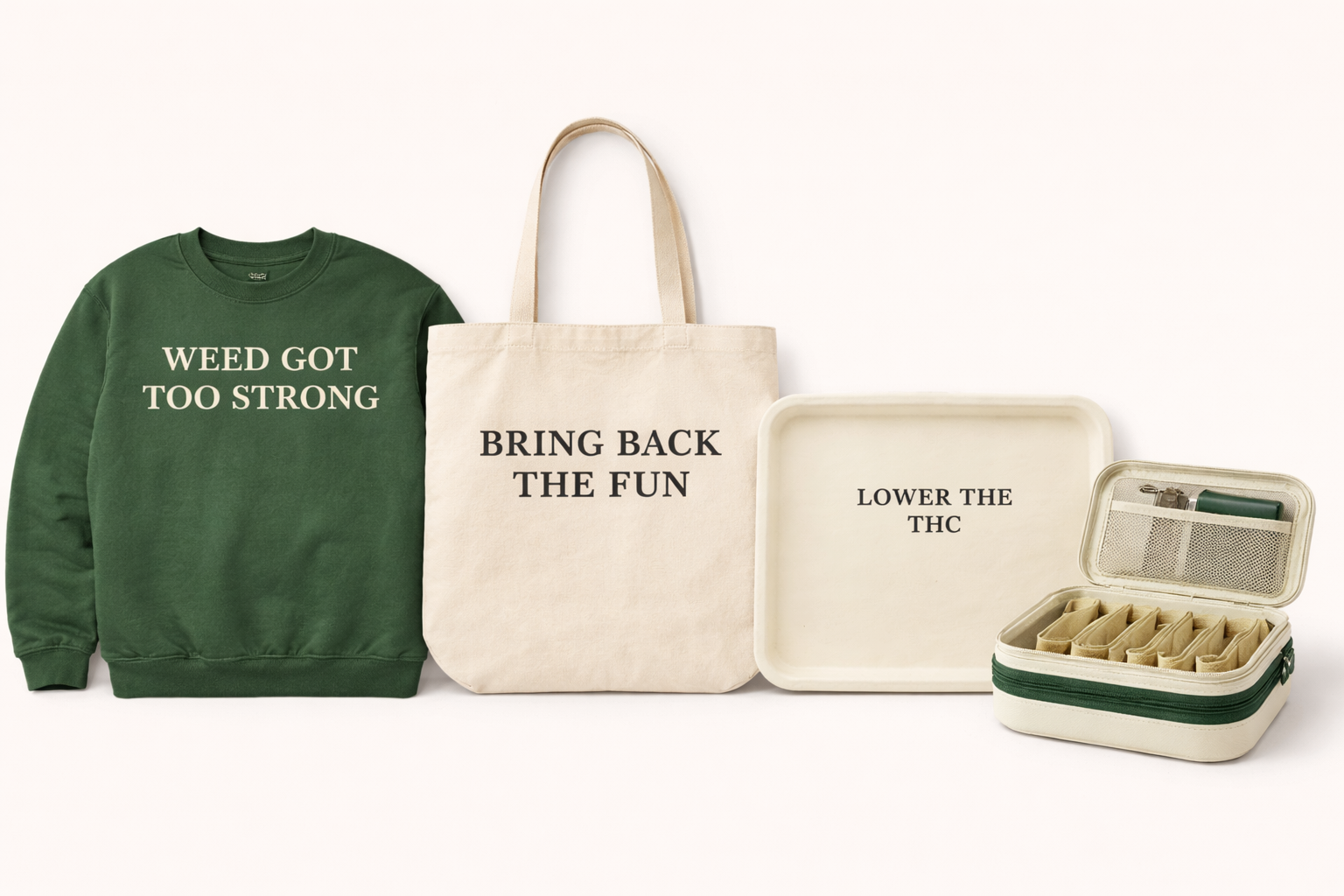 First drop lineup with hat, tee, crewneck, tote, and tray.